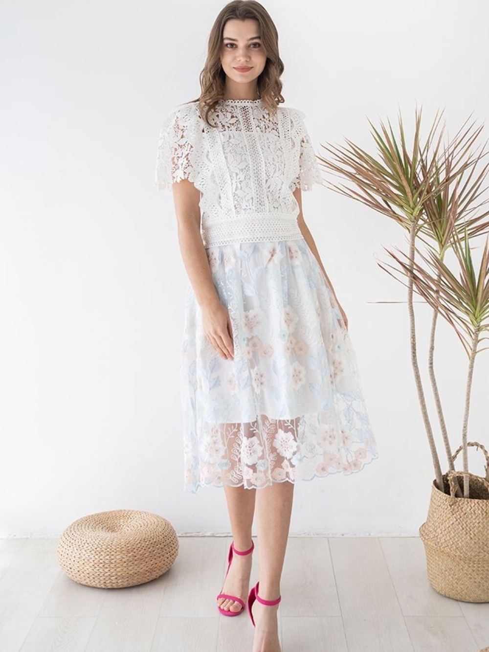 "New Chicwish" Embroidered Floral Midi Skirt - Pastel Blue & Blush - Picture 3 of 8